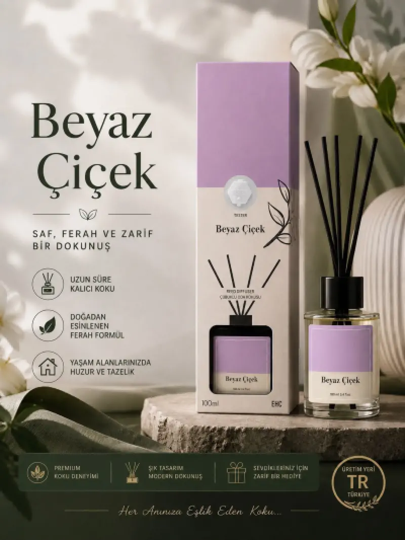 100ML ( Beyaz Çiçek ) Çubuklu Oda Kokusu Dolap Banyo Ev Oda Parfümü