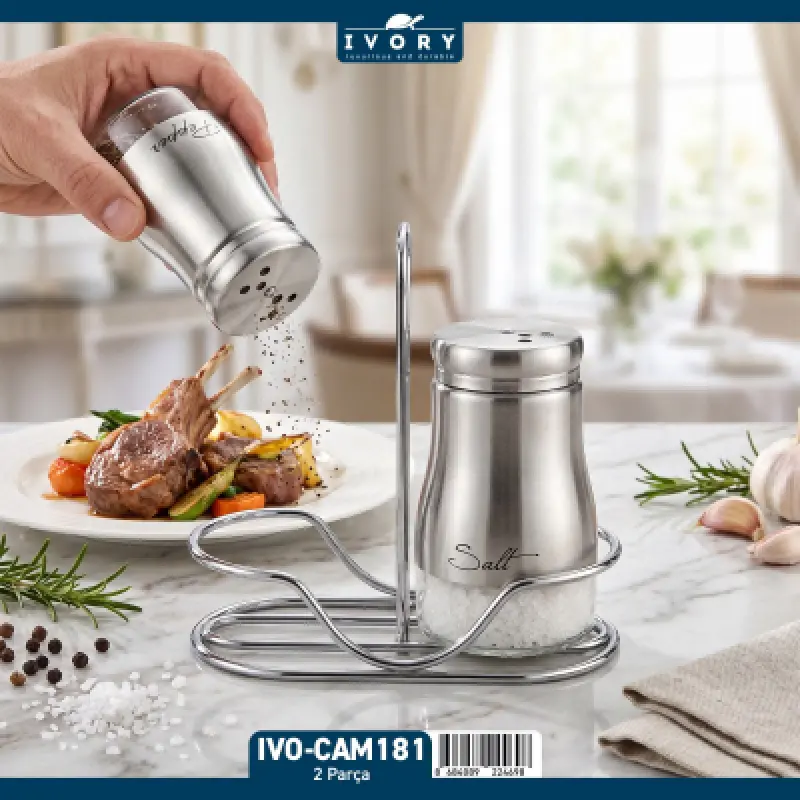 İvory İkili Standlı Çelik Baharatlık Takımı - CAM-181