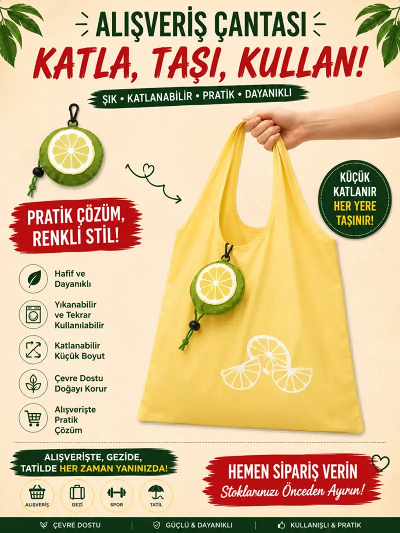 Katlanabilir Alışveriş Plaj Çantası (38x58) Limon desen