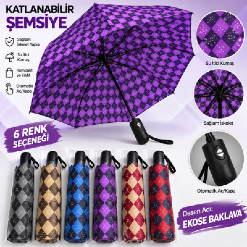 Katlanabilir Otomatik Şemsiye Karma Renk - [Ekose Baklava Desen]