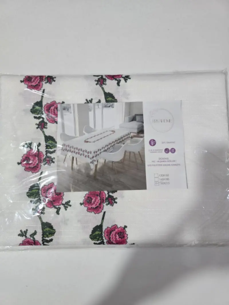 Masa Örtüsü Çift Sıra Gül Kanaviçe Desen (pembe) ( 150x215 )