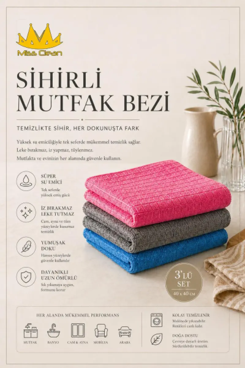 Missclean 3'lü Tezgah Bezi 40*40 cm (Pembe-Mavi-Gri)