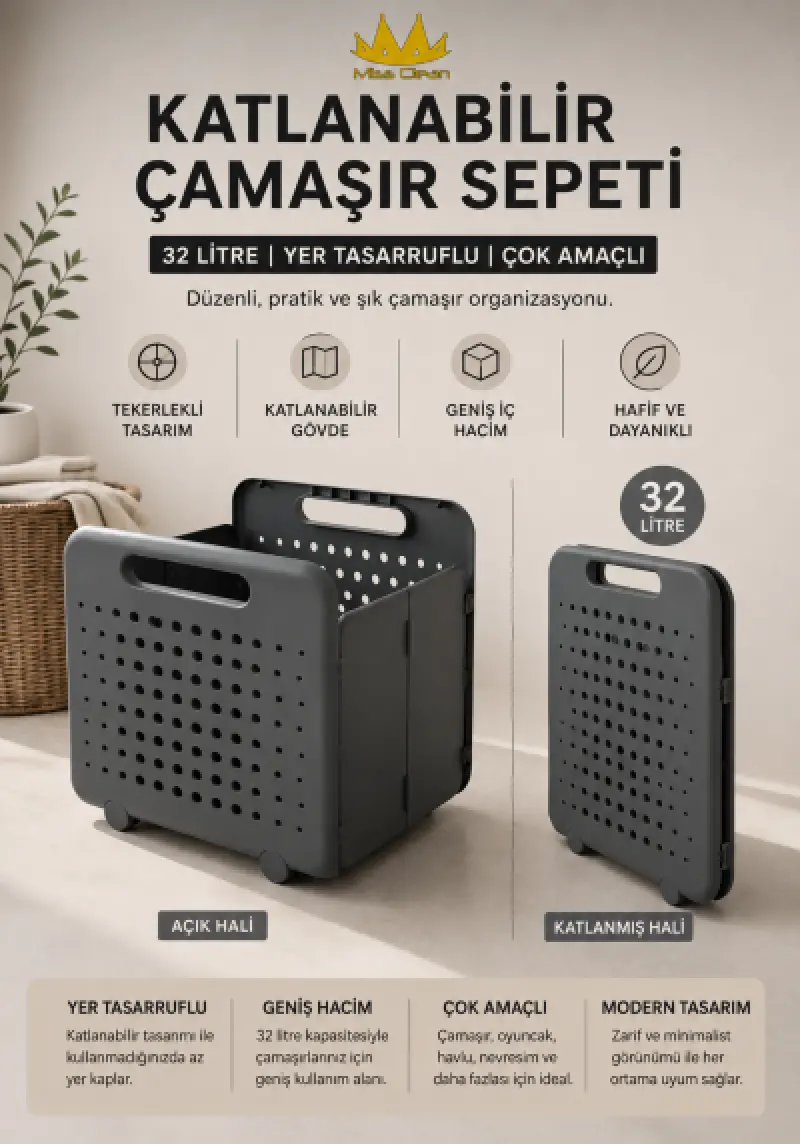 Missclean katlanabilir çok amaçlı çamaşır sepeti (32lt)