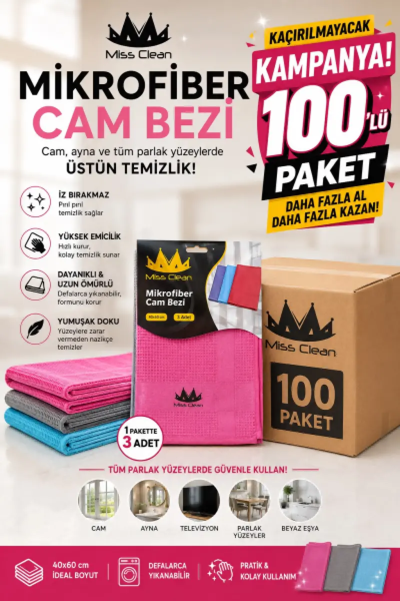 Missclean Mikrofiber Cam Bezi 3 lü (40x60 ) Yeni seri (Kampanyalı 100'lü Paket) PAKET FİYATI 130 TL
