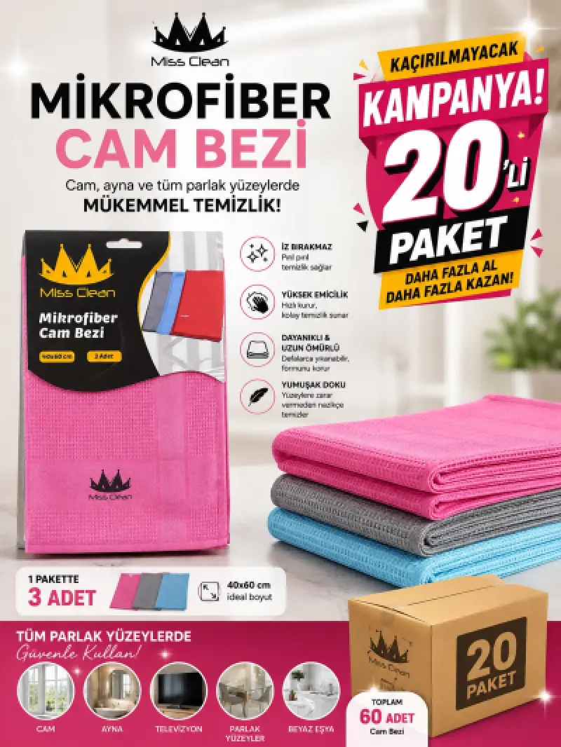 Missclean Mikrofiber Cam Bezi 3 lü (40x60 ) Yeni seri (Kampanyalı 20'li Paket) PAKET FİYATI 135TL