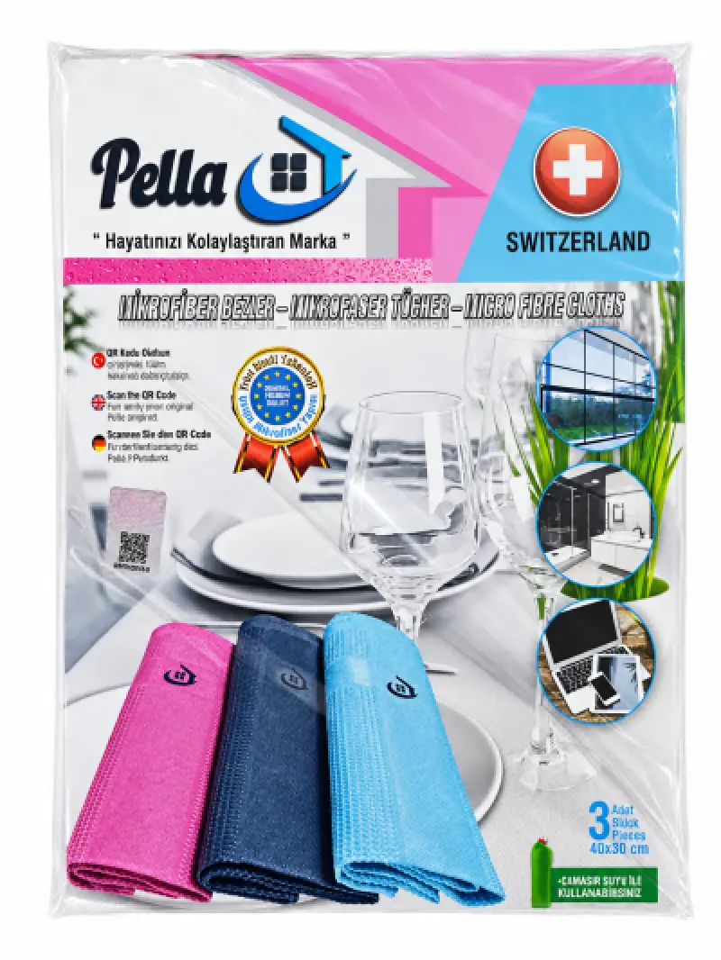 Pella RENKLİ SERİ İthal 3'lü Mikrofiber Temizlik Bezi 40X60 cm. ( 50 li paket )