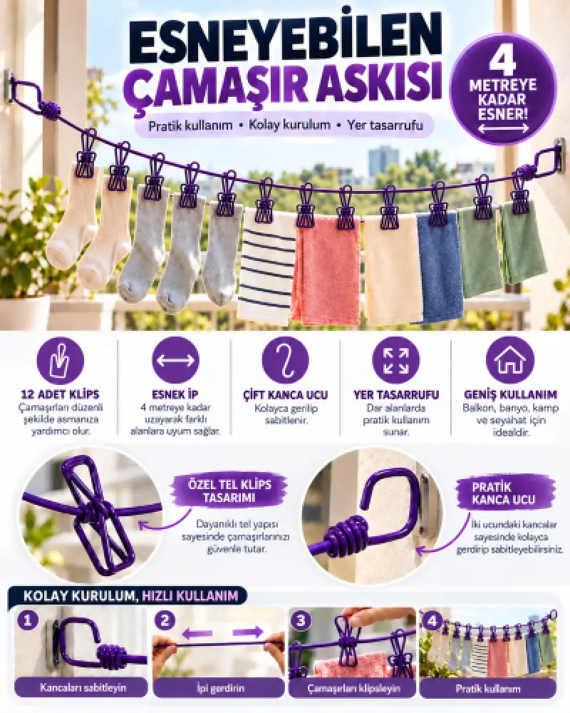 Portatif Çamaşır İpi  mandallı