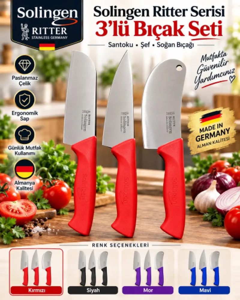 Solingen Ritter 3'lü Bıçak Seti [Santoku-Şef-Soğan] - [Kırmızı]