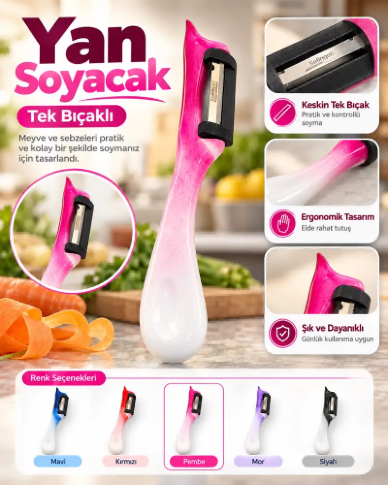 Solingen Yan Soyacak Tek Bıçaklı Ebruli - [Pembe]