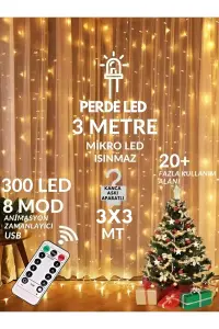 300 Ledli 10 Sarkıt Perde Led Işık-8 Fonksiyon, Uzaktan Kumandalı, 3x3 Metre