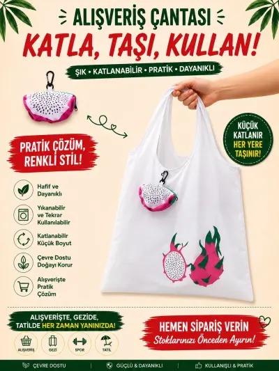 Katlanabilir Alışveriş Plaj Çantası (38x58) ejder meyvesi beyaz