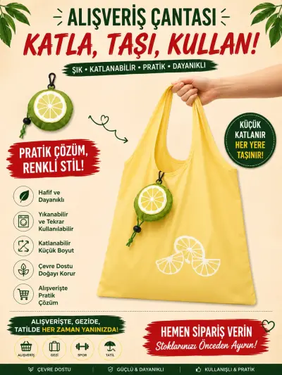 Katlanabilir Alışveriş Plaj Çantası (38x58) Limon desen