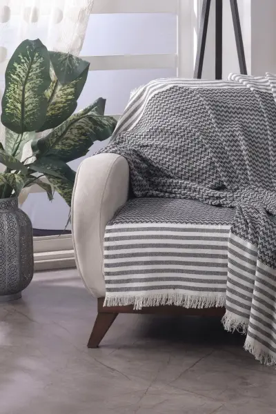 Koltuk Örtüsü 180 x 200 cm Kanepe Çekyat Divan Berjer Örtüsü Pamuklu Püsküllü (antrasit gri )
