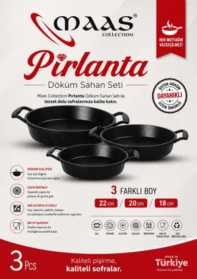 Maas ( Pırlanta ) 3 Parça Döküm Granit Sahan Seti ( 18-20-22 cm )