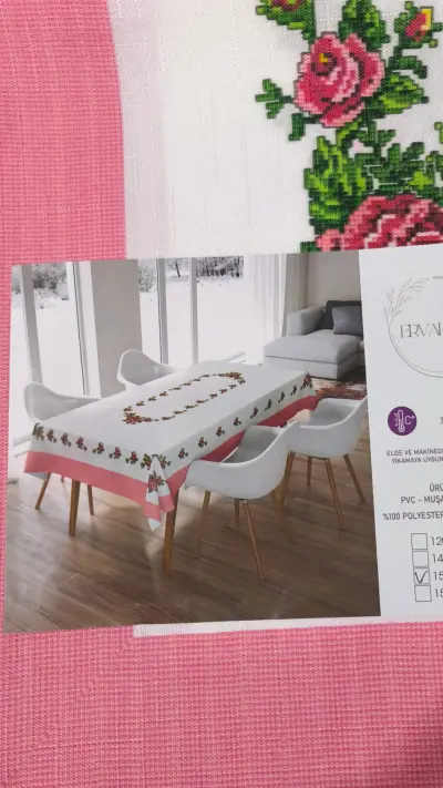 Masa Örtüsü Pembe Gül Desen Kaneviçe ( 150x215 )