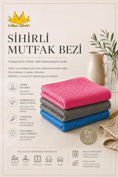 Missclean 3'lü Tezgah Bezi 40*40 cm (Pembe-Mavi-Gri)