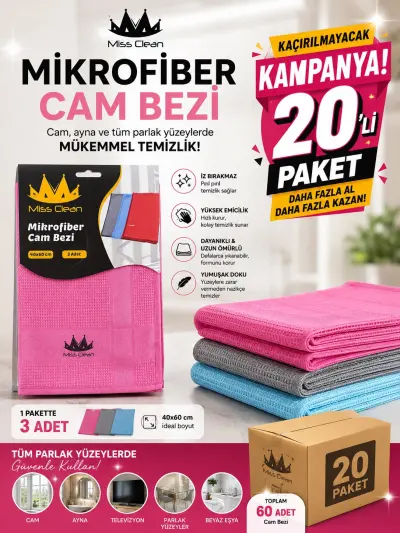 Missclean Mikrofiber Cam Bezi 3 lü (40x60 ) Yeni seri (Kampanyalı 20'li Paket) PAKET FİYATI 135TL