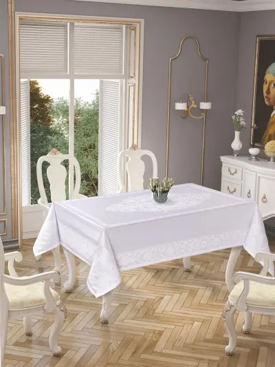Pano Jumbo Masa Örtüsü Leke Tutmaz Polyester Jakarlı Lüks ( Beyaz )160 x 220 cm