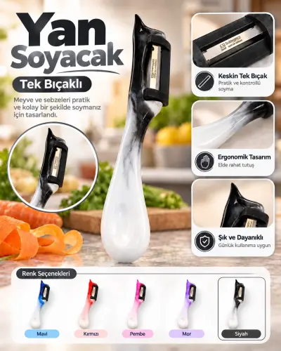 Solingen Yan Soyacak Tek Bıçaklı Ebruli - [Siyah]