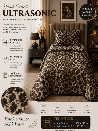 Tek Kişilik Kapitoneli Yastıklı Pike Takımı ( LEOPAR DESEN ) ( 160*240 Örtü )