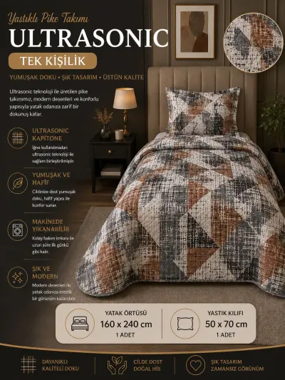 Tek Kişilik Kapitoneli Yastıklı Pike Takımı ( MOZAİK GRİ) ( 160*240 Örtü )