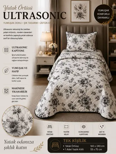 Tek Kişilik Kapitoneli Yastıklı Pike Takımı ( SİYAH GÜL ) ( 160*240 Örtü )