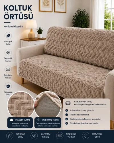 Welsoft Lüks Kumaş Kaydırmaz Koltuk örtüsü - Bej